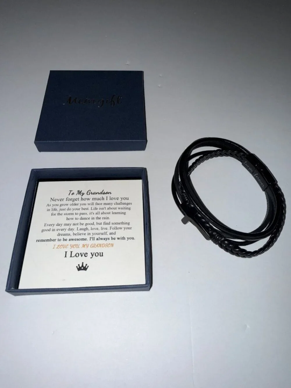 Men's Black Leather Cross Bracelet Multi-Strand Magnetic Clasp Gift Box Grandson